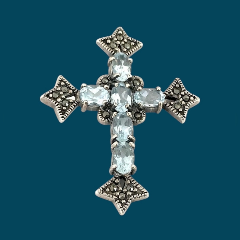 Vintage 925 Silver Aquamarine and Marcasite Cross Pendant